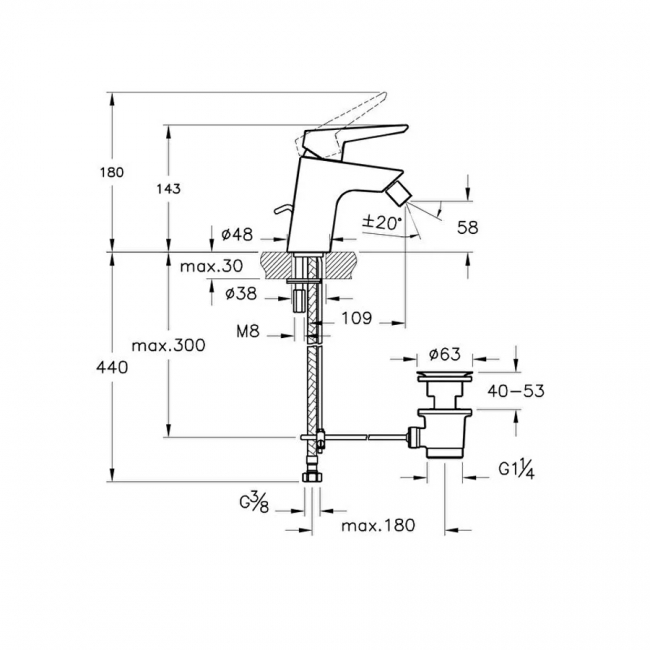 Vitra Solid S Bidet Mixer Tap with Pop Up Waste - Chrome  | Dimension Image