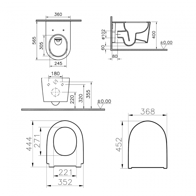 VitrA Sonic Flush Wall Hung Toilet (inc Slim Wrapover Seat)  | Dimension Image