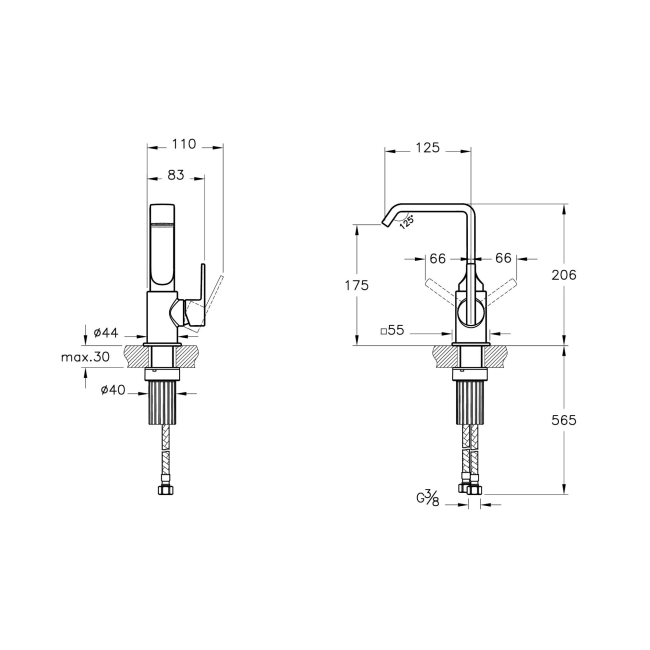 Vitra Suit Single Lever Side Action Basin Mixer Tap - Glossy Black  | Dimension Image