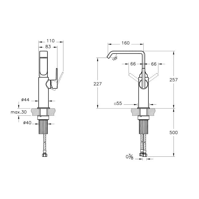 Vitra Suit Single Lever Side Action Tall Basin Mixer Tap - Chrome  | Dimension Image