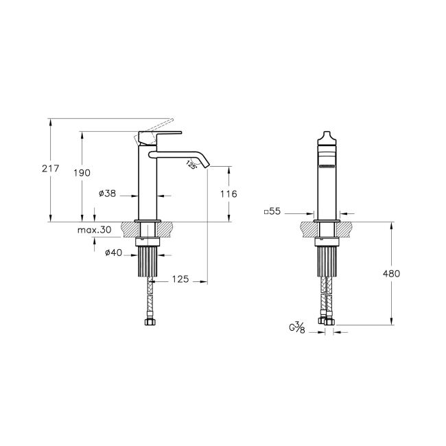 Vitra Suit Basin Mixer Tap Lever Handle - Glossy Black  | Dimension Image