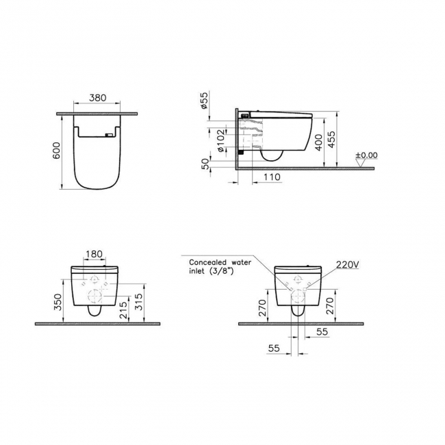 VitrA V-Care Essential Rimless Wall Hung Smart Toilet (inc Remote Control)  | Dimension Image