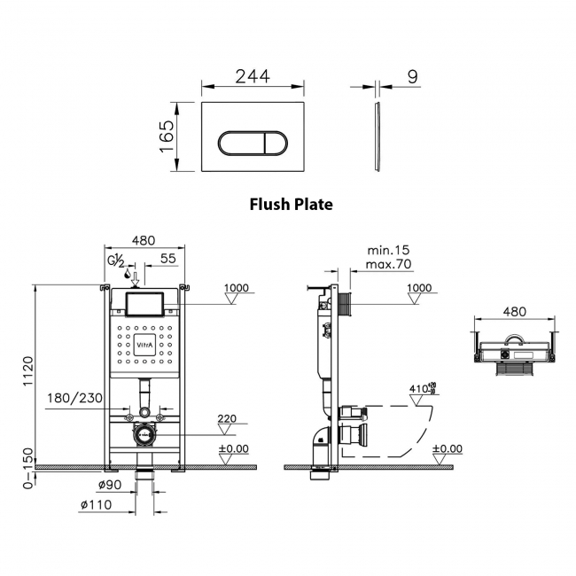 Vitra V-Fix Wall Hung Toilet Frame with Cistern and Round Flush Plate - 1120mm H x 480mm W