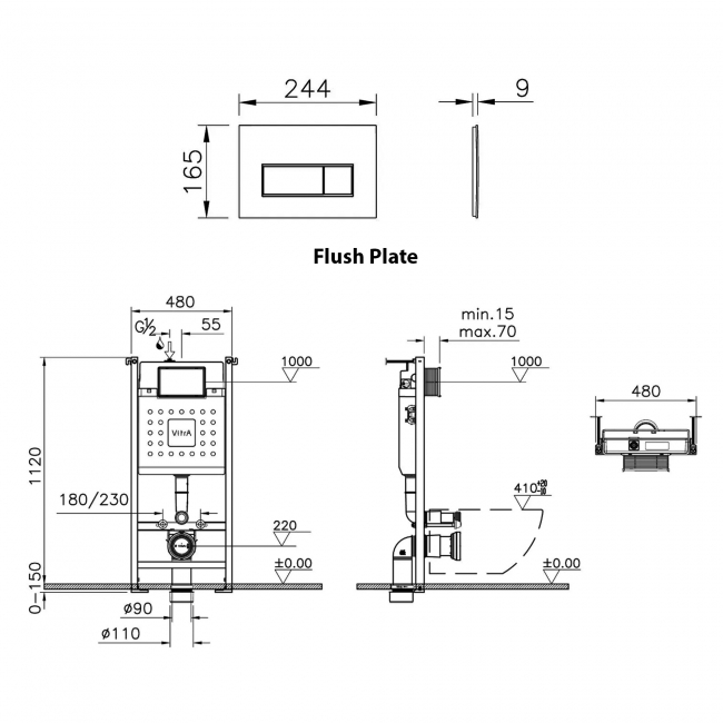 Vitra V-Fix Wall Hung Toilet Frame with Cistern and Square Flush Plate - 1120mm H x 480mm W  | Dimension Image
