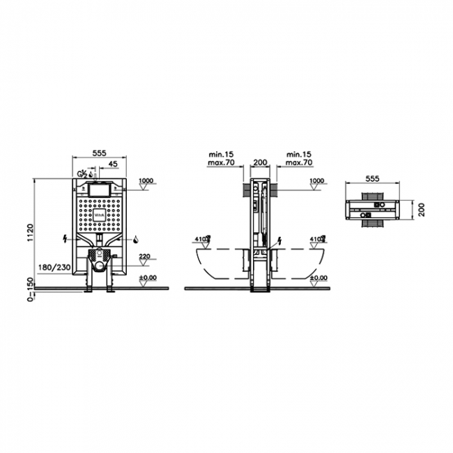 Vitra V8 Wall Hung Toilet Frame with Concealed Cistern - 1120mm H x 555mm W