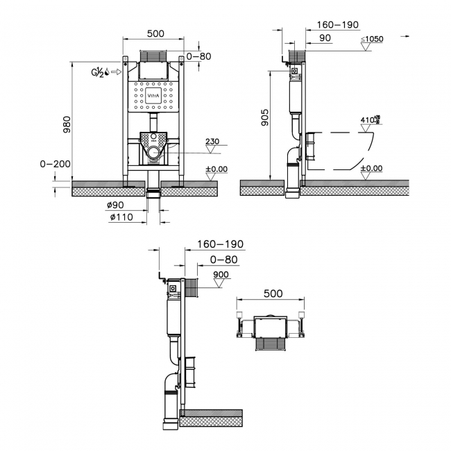 Vitra Vuni Wall Hung Toilet Frame with 3/6 Litre Concealed Cistern - 980mm H x 500mm W