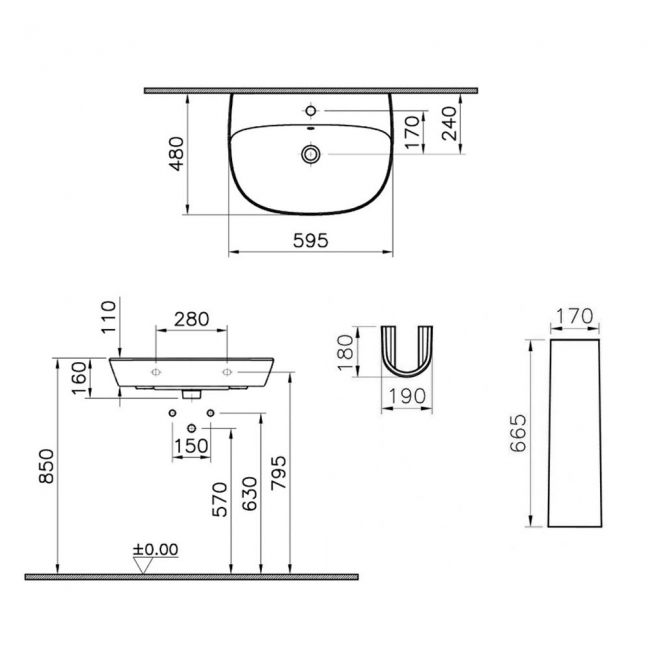 Vitra Zentrum Basin with Full Pedestal 600mm Wide - 1 Tap Hole