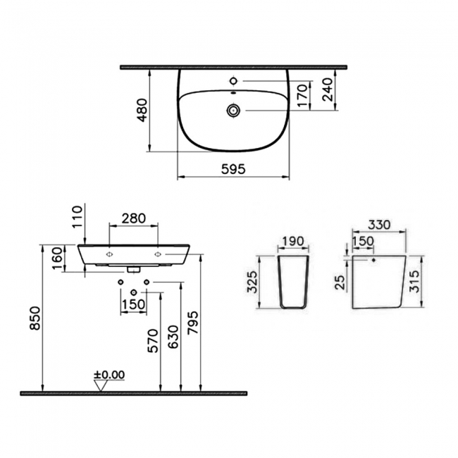 Vitra Zentrum Basin with Semi Pedestal 600mm Wide - 1 Tap Hole