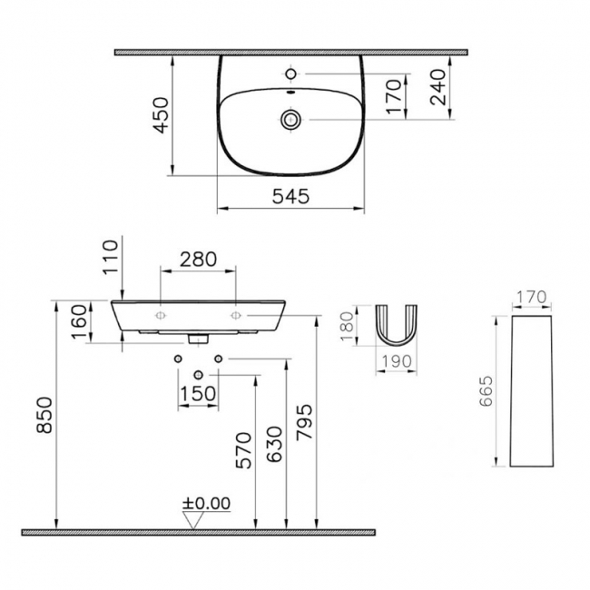Vitra Zentrum Basin with Full Pedestal 550mm Wide - 1 Tap Hole