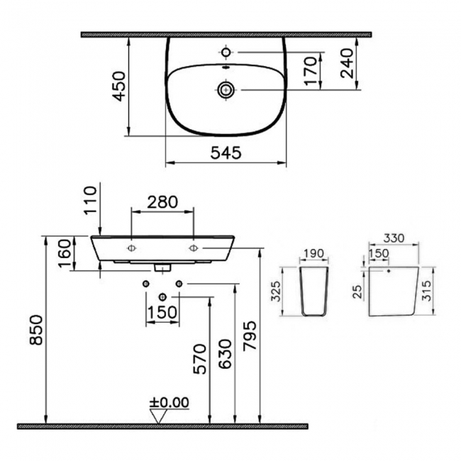 Vitra Zentrum Basin with Semi Pedestal 550mm Wide - 1 Tap Hole