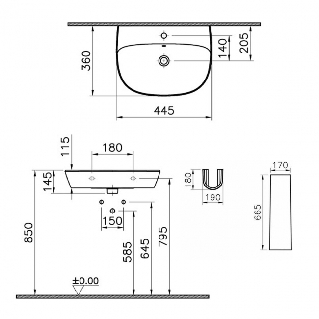 Vitra Zentrum Cloakroom Basin with Full Pedestal 450mm Wide - 1 Tap Hole