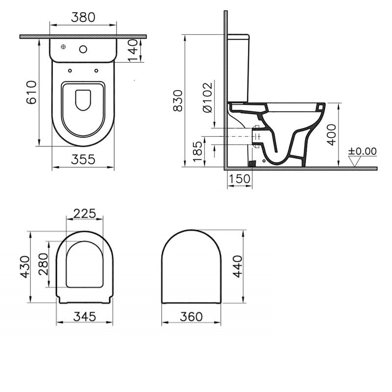 Vitra Zentrum Rimless Close Coupled OB Toilet With Push Button Cistern - Quick Release Soft Close Seat