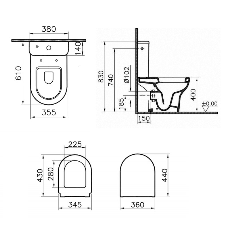 Vitra Zentrum Close Coupled OB Toilet Push Button Cistern - Quick Release Soft Close Seat