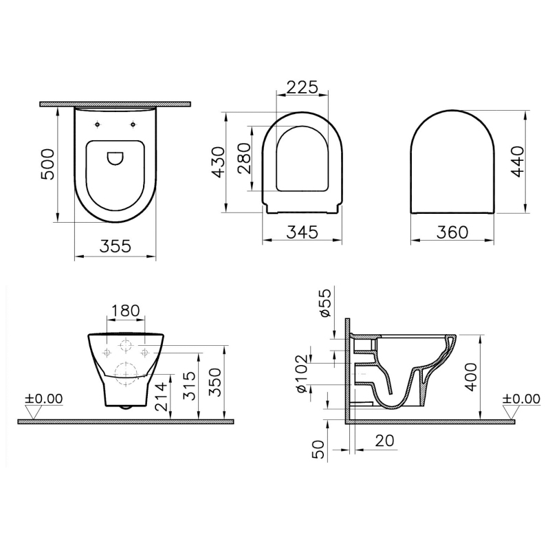Vitra Zentrum Rimless Wall Hung Toilet - Standard Seat