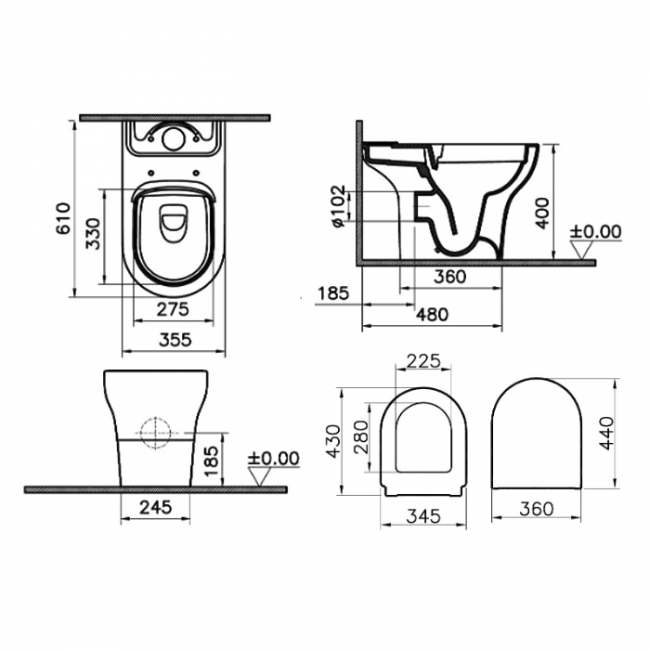 VitrA Zentrum Smoothflush Close Coupled OB Toilet Push Button Cistern - Standard Seat