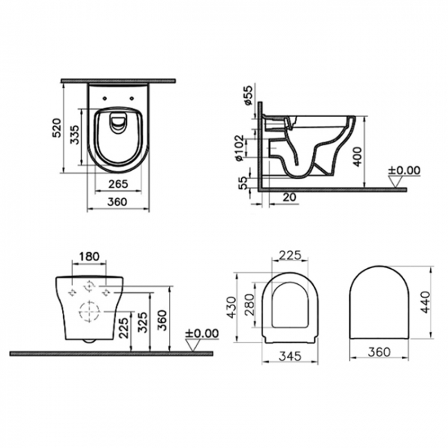 VitrA Zentrum Smoothflush Wall Hung Toilet Hidden Fixation - Standard Seat