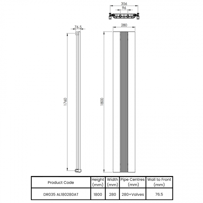 Vogue Astute Single Designer Vertical Radiator 1800mm H x 280mm W - Anthracite  | Dimension Image