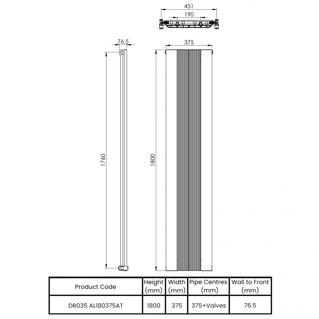 Vogue Astute Single Designer Vertical Radiator 1800mm H x 375mm W - Anthracite  | Dimension Image