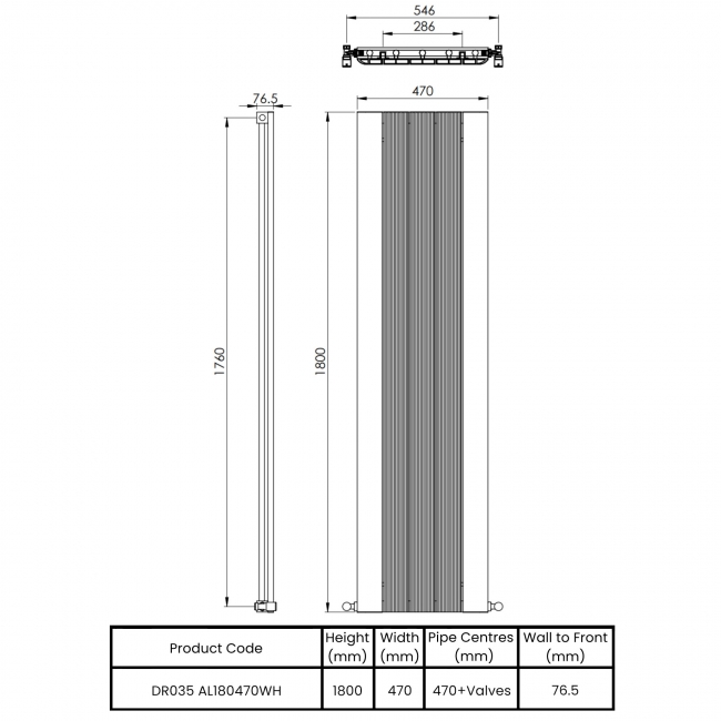 Vogue Astute Single Designer Vertical Radiator 1800mm H x 470mm W - White  | Dimension Image