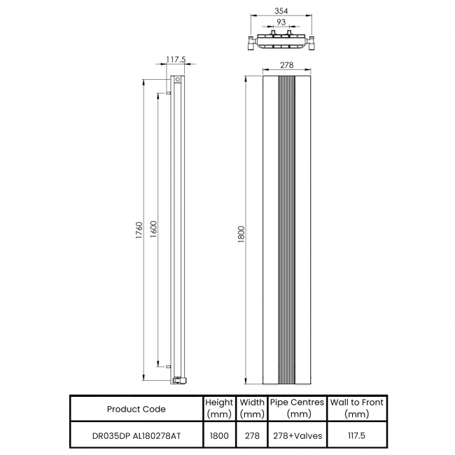 Vogue Astute Double Designer Vertical Radiator 1800mm H x 278mm W - Anthracite  | Dimension Image