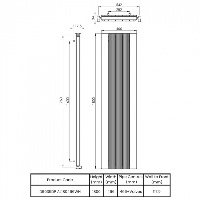 Vogue Astute Double Designer Vertical Radiator 1800mm H x 466mm W - White  | Dimension Image