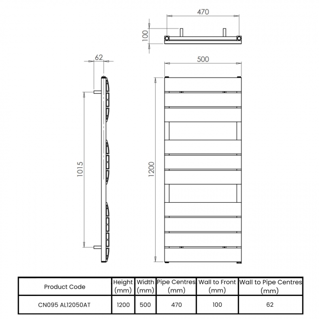 Vogue Astute Designer Heated Towel Rail 1200mm H x 500mm W - Anthracite  | Dimension Image