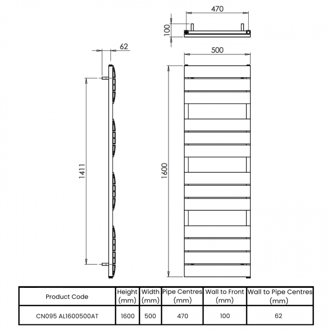 Vogue Astute Designer Heated Towel Rail 1600mm H x 500mm W - Anthracite  | Dimension Image