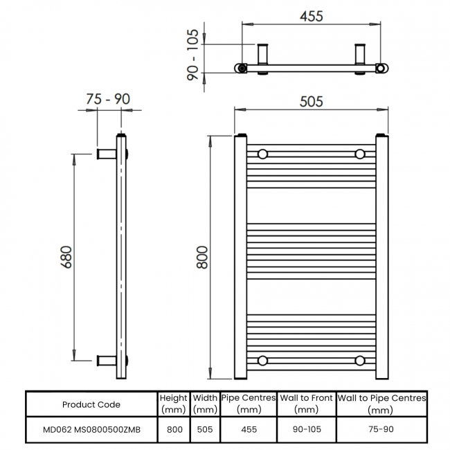 Vogue Axis Straight Heated Towel Rail 800mm H x 500mm W - Matt Black  | Dimension Image