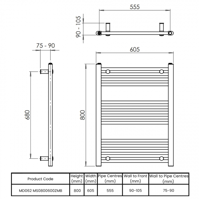 Vogue Axis Straight Heated Towel Rail 800mm H x 600mm W - Matt Black  | Dimension Image