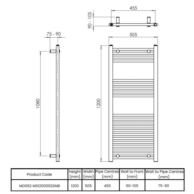 Vogue Axis Straight Heated Towel Rail 1200mm H x 500mm W - Matt Black  | Dimension Image