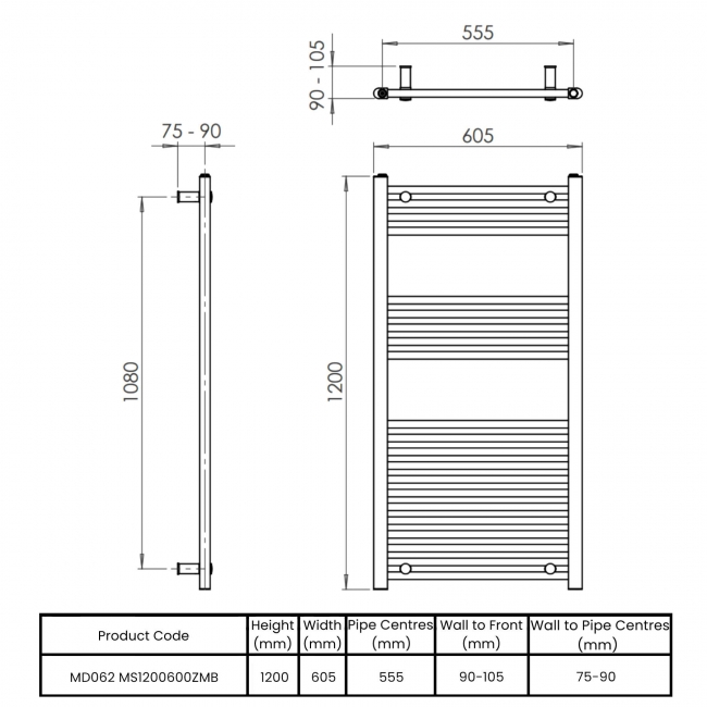Vogue Axis Straight Heated Towel Rail 1200mm H x 600mm W - Matt Black  | Dimension Image