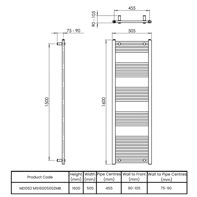 Vogue Axis Straight Heated Towel Rail 1600mm H x 500mm W - Matt Black  | Dimension Image