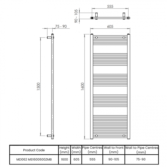 Vogue Axis Straight Heated Towel Rail 1600mm H x 600mm W - Matt Black  | Dimension Image