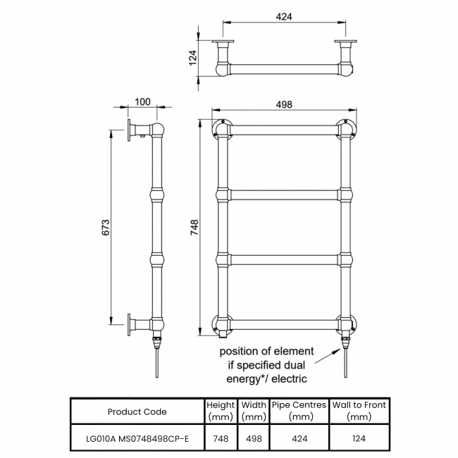 Vogue Ballerina Electric Wall Mounted Heated Towel Rail 748mm H x 498mm W - Chrome  | Dimension Image