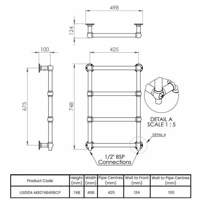 Vogue Ballerina Wall Mounted Heated Towel Rail 748mm H x 498mm W - Chrome  | Dimension Image