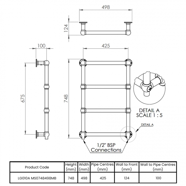Vogue Ballerina Wall Mounted Heated Towel Rail 748mm H x 498mm W - Matt Black  | Dimension Image