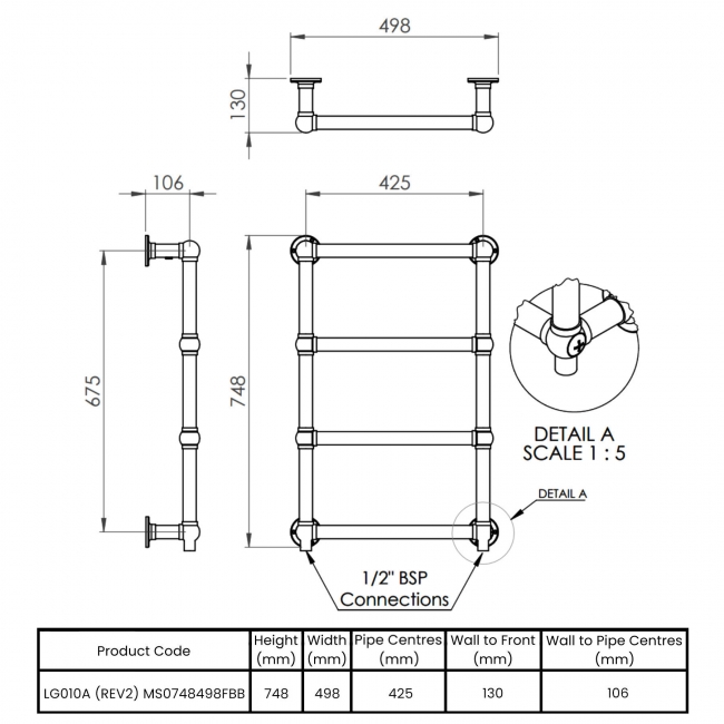 Vogue Ballerina Wall Mounted Heated Towel Rail 748mm H x 498mm W - Focus Brushed Brass  | Dimension Image