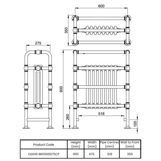 Vogue Baroque Heated Radiator Towel Rail 900mm H x 675mm W - Chrome/White  | Dimension Image