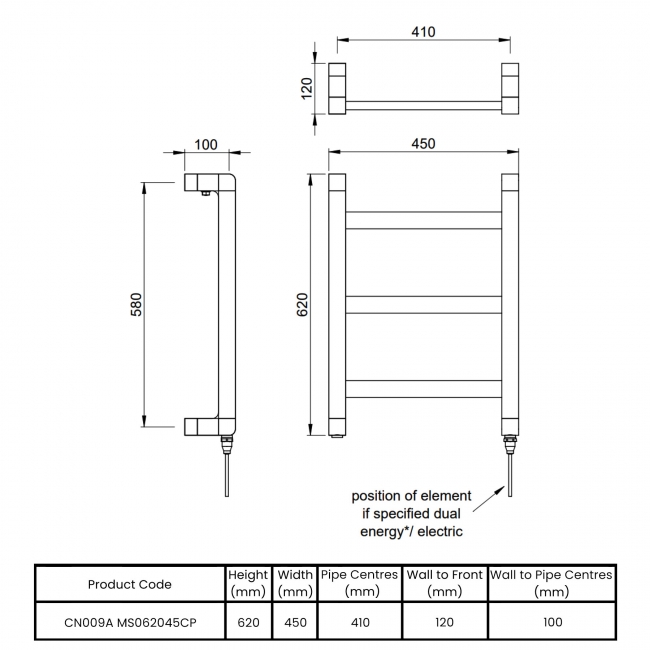 Vogue Boxa Electric Designer Heated Towel Rail 620mm H x 450mm W - Chrome  | Dimension Image