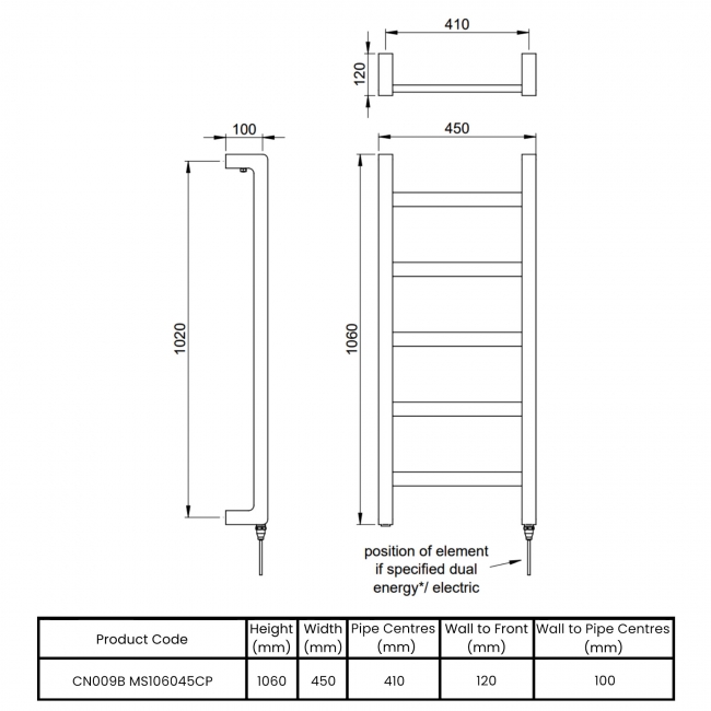 Vogue Boxa Electric Designer Heated Towel Rail 1060mm H x 450mm W - Chrome  | Dimension Image