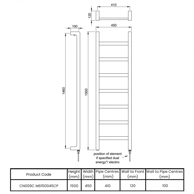 Vogue Boxa Electric Designer Heated Towel Rail 1500mm H x 450mm W - Chrome  | Dimension Image