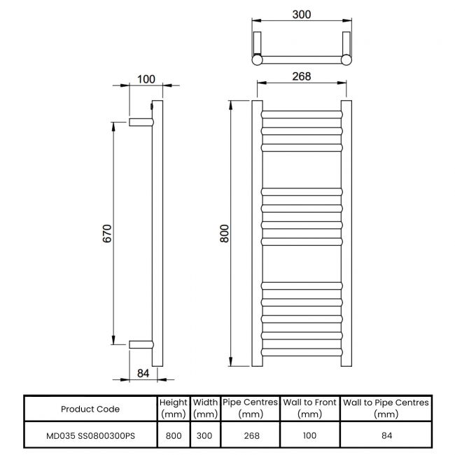 Vogue Chube Straight Heated Ladder Towel Rail 800mm H x 300mm W - Polished Stainless Steel  | Dimension Image