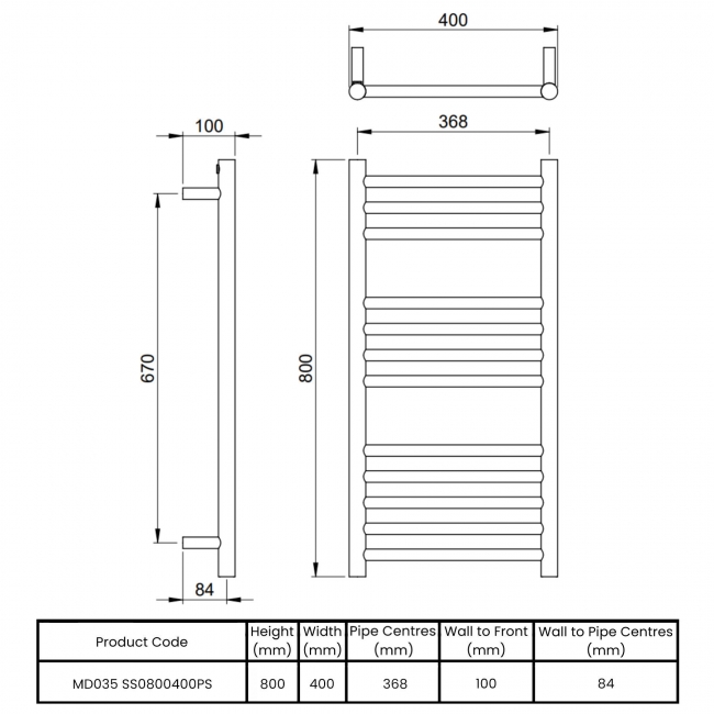 Vogue Chube Straight Heated Ladder Towel Rail 800mm H x 400mm W - Polished Stainless Steel  | Dimension Image