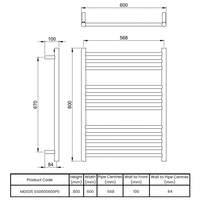 Vogue Chube Straight Heated Ladder Towel Rail 800mm H x 600mm W - Polished Stainless Steel  | Dimension Image