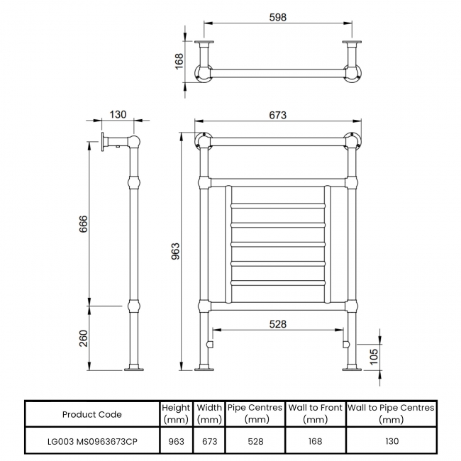 Vogue Elizabeth Heated Towel Rail 963mm H x 673mm W - Chrome  | Dimension Image