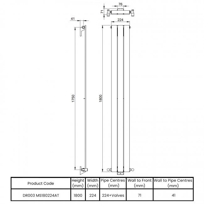 Vogue Fly Line Single Designer Vertical Radiator 1800mm H x 224mm W - Anthracite  | Dimension Image