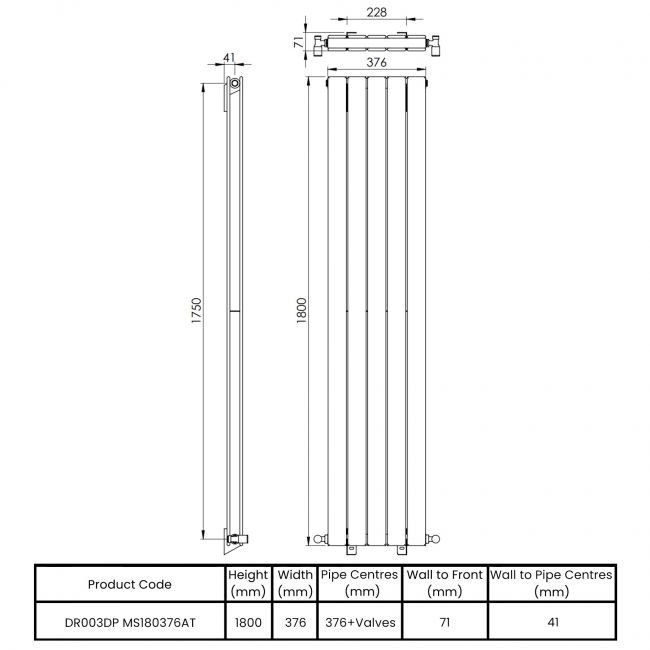 Vogue Fly Line Double Designer Vertical Radiator 1800mm H x 376mm W - Anthracite  | Dimension Image