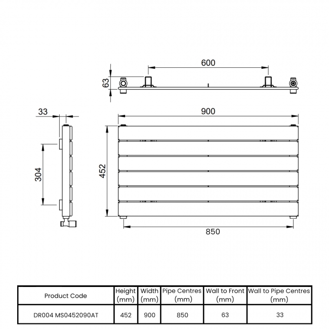 Vogue Fly Line Single Designer Horizontal Radiator 452mm H x 900mm W - Anthracite  | Dimension Image