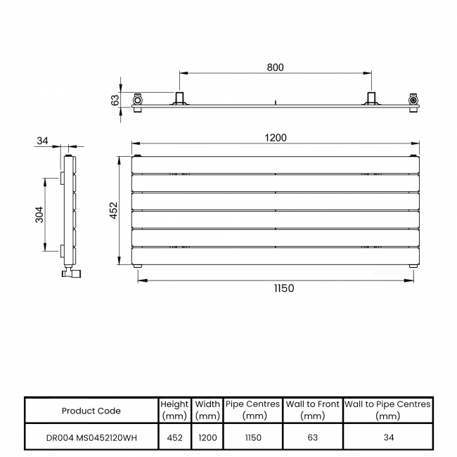Vogue Fly Line Single Designer Horizontal Radiator 452mm H x 1200mm W - White  | Dimension Image