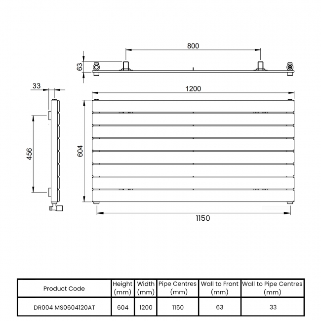 Vogue Fly Line Single Designer Horizontal Radiator 604mm H x 1200mm W - Anthracite  | Dimension Image